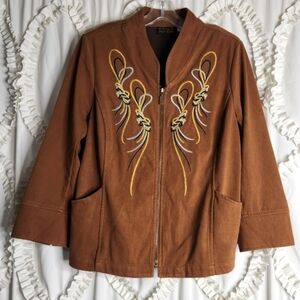 Bob Mackie Smart Denim Jacket Brown Embroiderd Art To Wear Artsy Zip Sz L